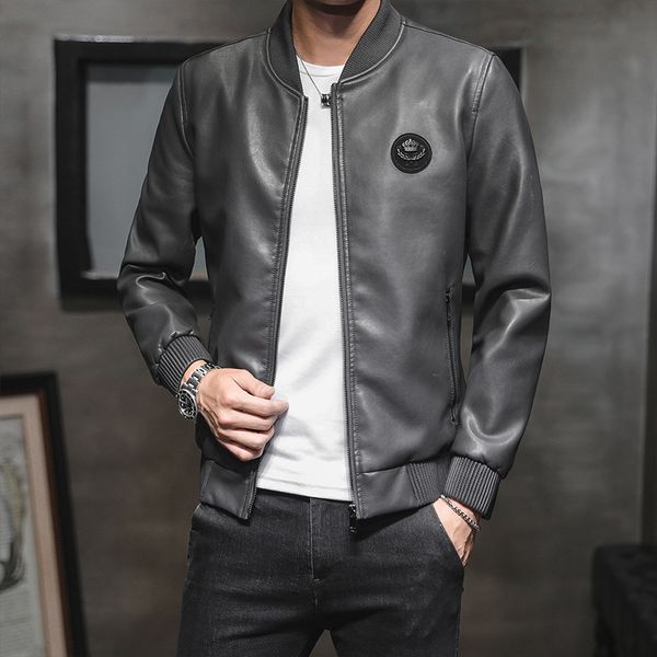 

autumn and winter men's leather coat slim fit casual plus velvet men jacket autumn clothing men pu leather coat men's fur, Black