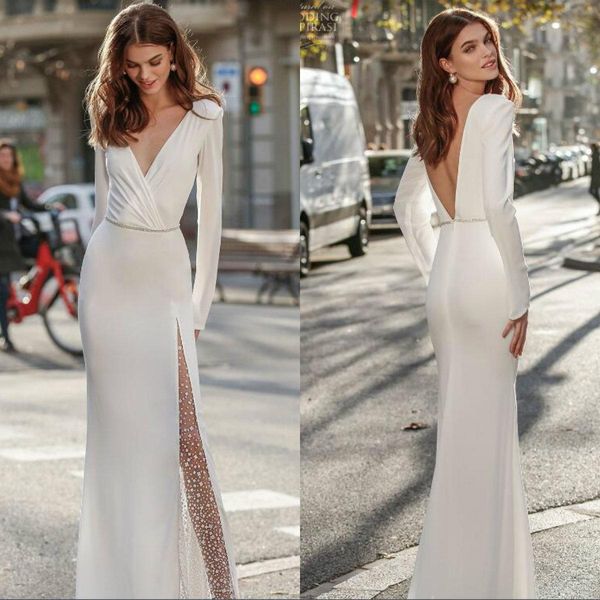 

high split crystals sheath wedding dresses 2020 deep v neck backless robes de mariee long sleeve boho beach bridal gowns al5137, White