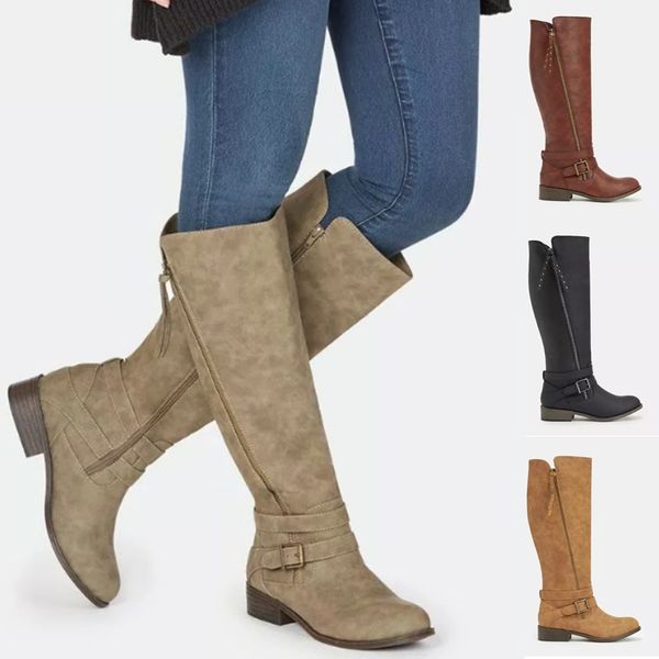 

women nubuck mid calf square heels zip long high heels motorcycle boots shoes lady buckle party spring autumn riding boots shoes, Black