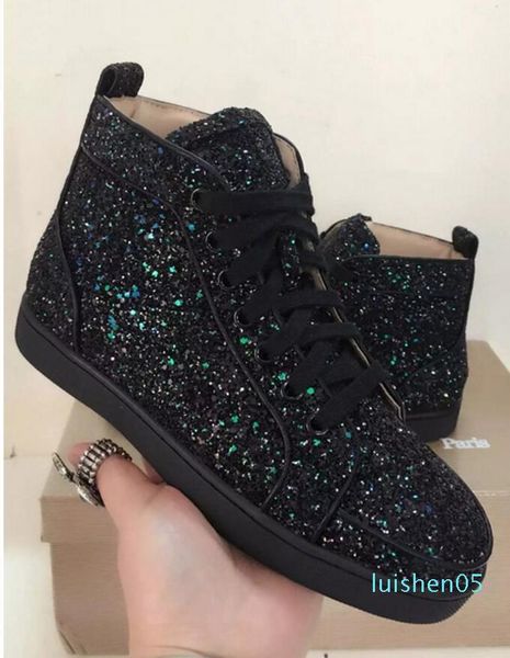 

2020 men high sneakers red bottom shoe men glitter black causal shoes lace up sequined cloth sneakers thick heel wedding sneakers al05