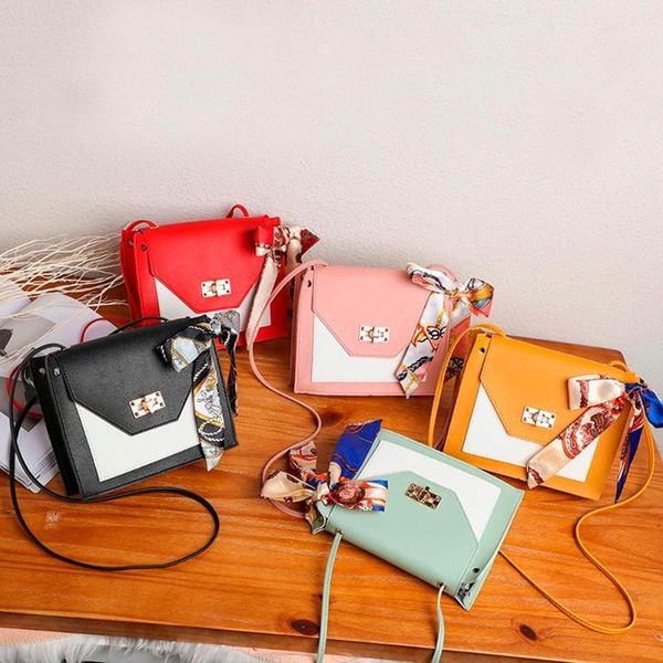 

2020 new women's contrast color scarf leather shoulder bag buckle handbag fashion small square bags messenger bags bolso mujer