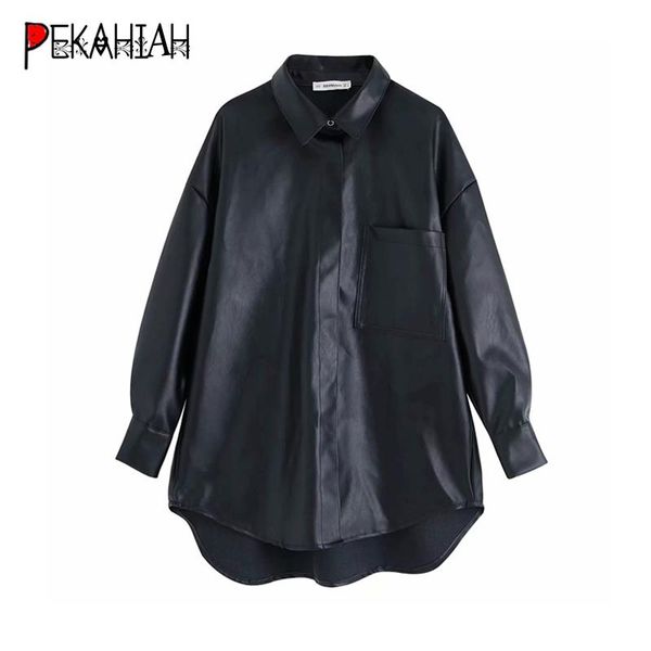 

winter black faux leather blouse women full streetwear long sleeve loose long shirt punk office ladies pu blouse 2019, White
