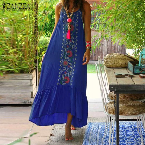 

casual dresses 2021 zanzea bohemian print maxi dress women's summer sundress spaghetti strap ruffle chic floral tunic vestidos plus siz, Black;gray