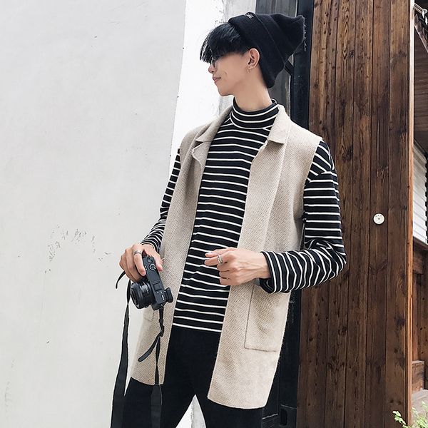 

autumn cardigan men's fashion solid color casual v-neck knit sweater jacket man streetwear wild loose sleeveless sweater male, White;black