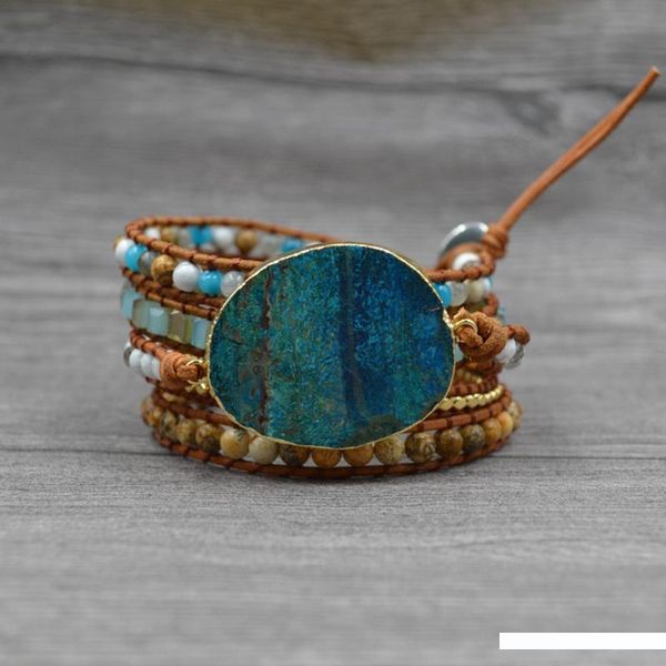 

ethnic artificial leather gilded stone mixed sea natural fashion strands wrap handmade casual women bracelet charm retro beads, Golden;silver