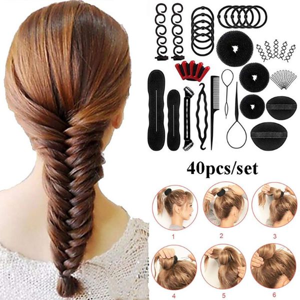 

hair bun maker 40pcs/set women diy styling accessories kit magic donut hairpins ties fast twist modelling hairdress braid tools, Brown