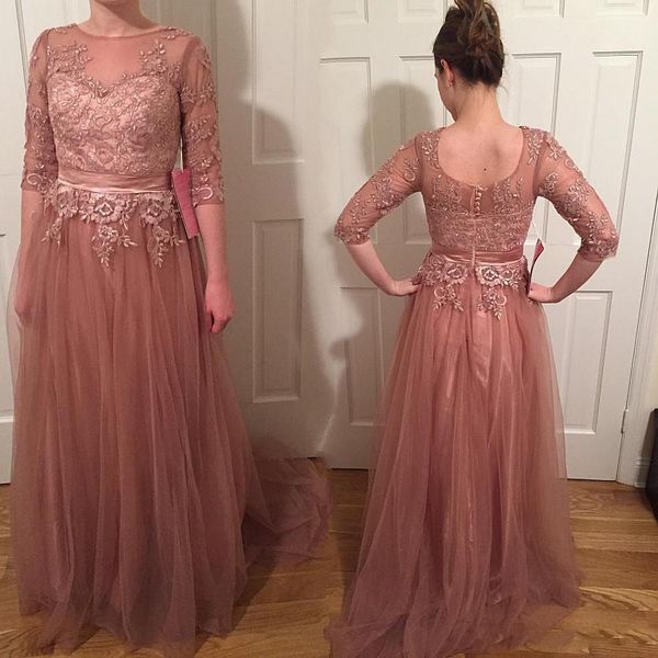 

100% real image 1/2 long sleeves designer prom dresses lace applique beaded ribbon dusty pink formal evening gowns robe de soirÃ©e cps470, Black