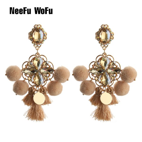 

neefu wofu drop hairball earring crystal tassel big earring dangle copper large long brinco printing ear oorbellen, Golden