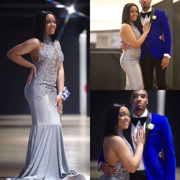 

2019 silver appliqued mermaid prom evening dress black girl sleeveless beaded formal party gown backless pageant dress