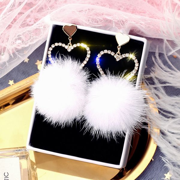 

fyuan fashion jewelry heart rhinestone dangle earrings sweet white fur ball pendients drop earrings for women girl gift, Silver
