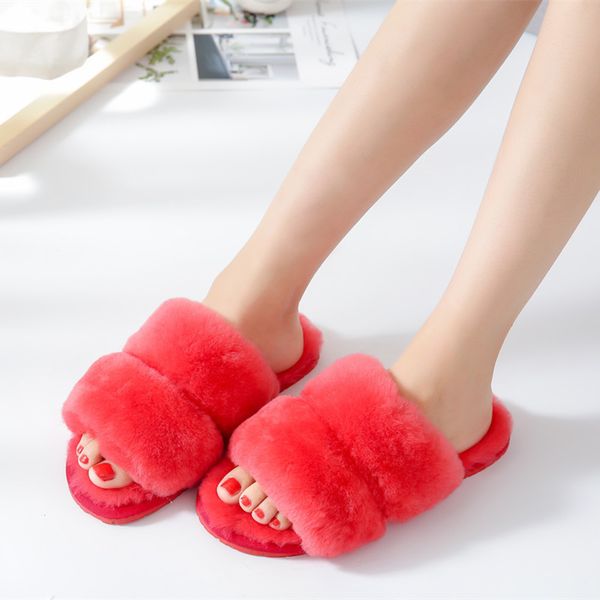 

grwg fashion natural sheepskin home slippers winter women indoor slippers fur wool flip flops slipper lady home shoes, Black