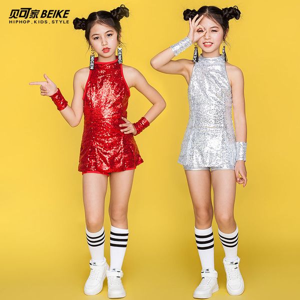 

korean girl hip-hop jazz dance dress sequin dress set modern dance children's day performance, Black;red