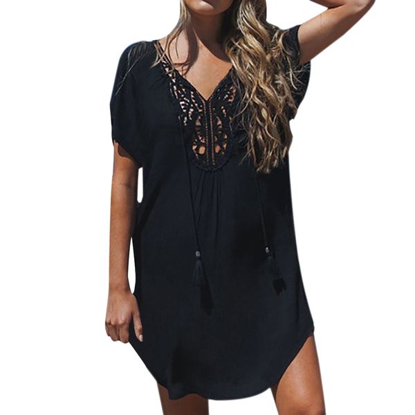 

2019 summer dress women lace stitching mini dress deep v-neck summer fashion beach robe femme ete vestidos verano elbise, Black;gray