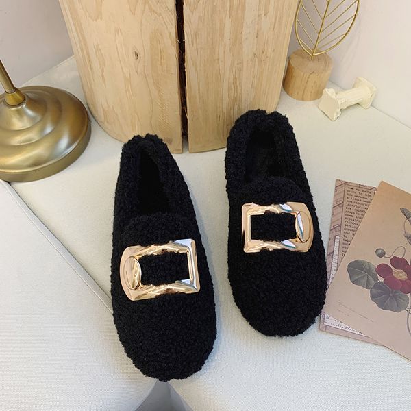 

metal decoration plus velvet peas shoes autumn winter shoes women's wear flat bottom two wear single women u16-35, Black