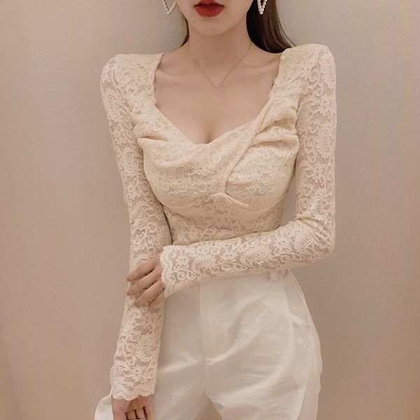 

women blouses fashion low-cut square collar lace hollow out pullover solid color jacquard bottoming shirt, White