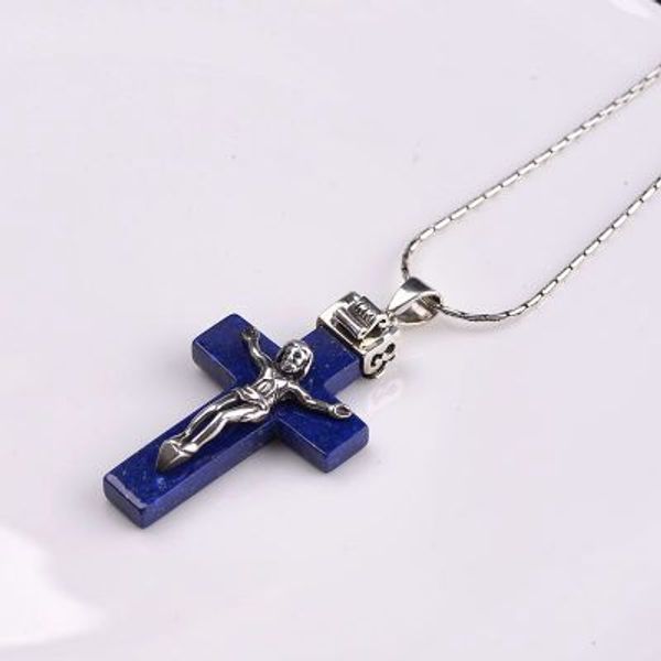 

925 sterling silver crucifix jesus piece pendant for men women with natural lapis lazuli stone antique holy jewelry
