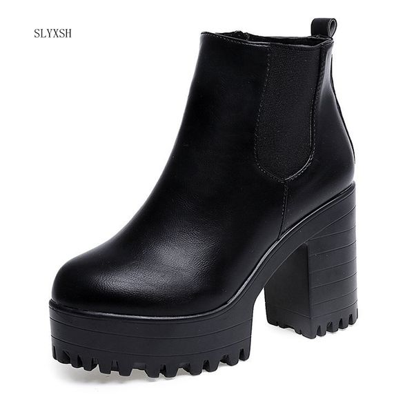 

2018 fashion women boots square heel platforms zapatos mujer pu leather thigh high pump boots motorcycle shoes sale, Black