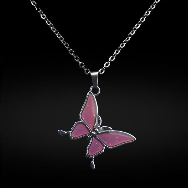

girl long chain fashion temperature control color change butterfly pendant necklace stainless steel chain necklaces for women a3, Silver