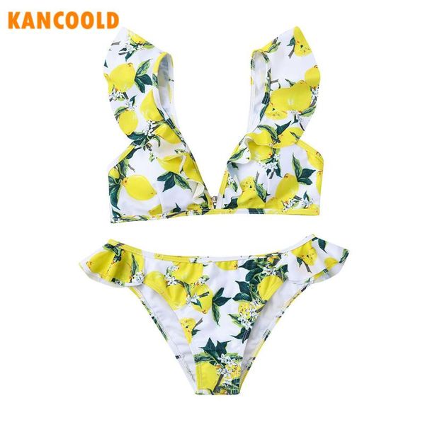 

kancoold 2020 clothes women floral print swimwear women push-up bikini set summer beach swimming ruffle swimsuit girl 1206, White;black