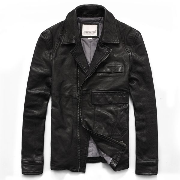 

осень новый натуральная кожа мужская большой карман овчины кожаная куртка простой отворот мотоцикл пальто, Black