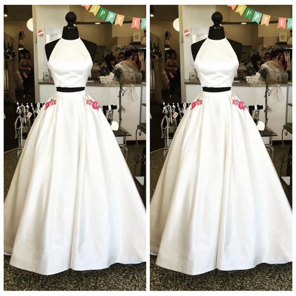 New Feature Jewel Neck Satin White Two Piece Prom Dress With