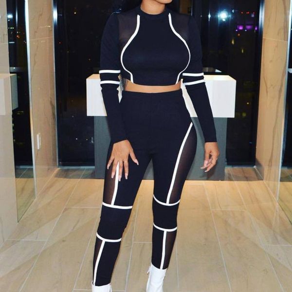 

women mesh seamless yoga set gym clothing fitness leggings+cropped shirts sport suit long sleeve tracksuit active wear#c, White;black
