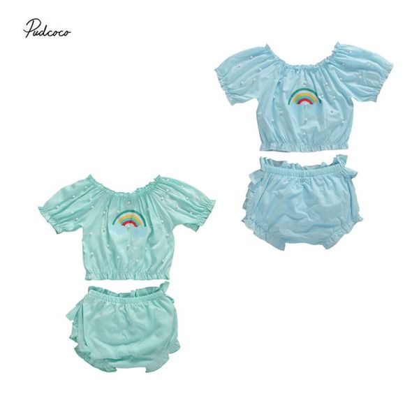 

2020 baby summer clothing infant baby girls rainbow 2pcs suit fashion pearls short-sleeved loose elastic waist short, White