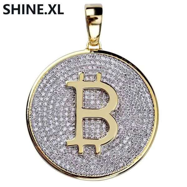 

hip hop iced out круглый bitcoin подвеска micro pave cz камень ожерелье цвета золота гальваническим золотая цепь для мужчин, Silver