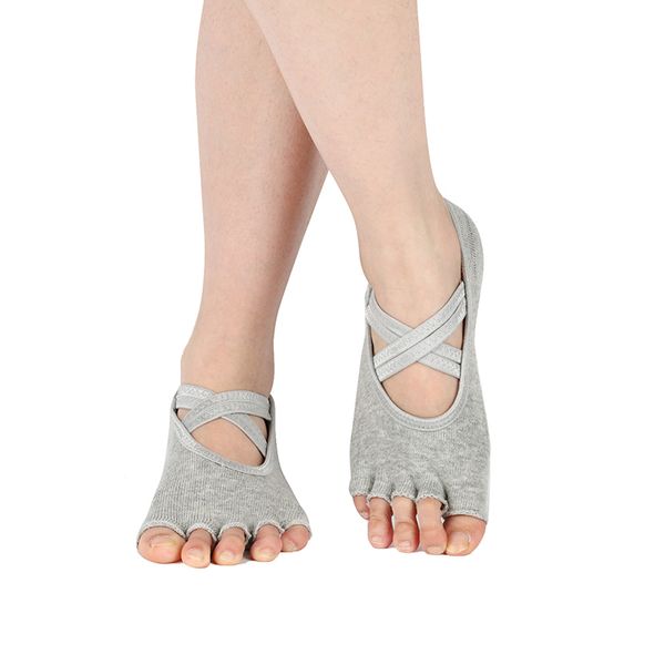 

womens yoga socks backless anti-slip five fingers half toe dance sock silicone 5 toeless ballet gym fitness sport cotton socken, Black