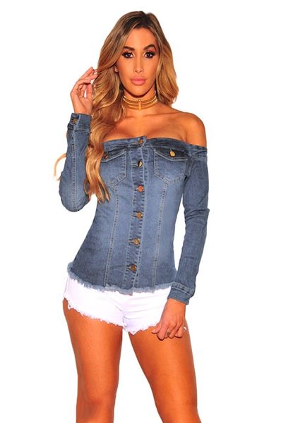 

2018 spring autumn solid off shoulder bomber coat fashion party club jean jacket outwear women slim denim jacket, Black;brown