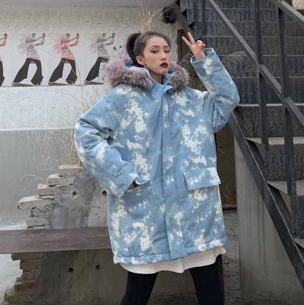 

women's down & parkas luck a 2021 winter coats harajuku women loose hooded pocket thick zipper camouflage warm chaqueta korean ins muje, Black