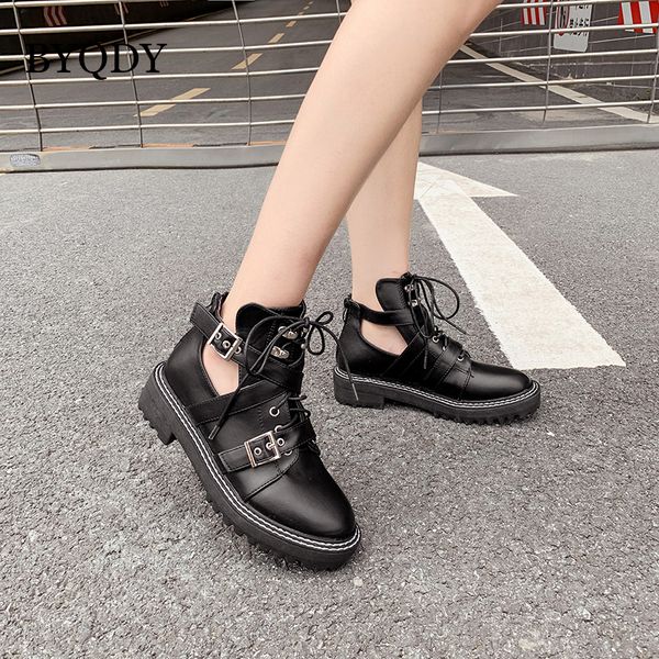 

byqdy sping autumn mid heels boots shoes woman fashion designer booties ladies round toe women martins pu leather gothic shoes, Black