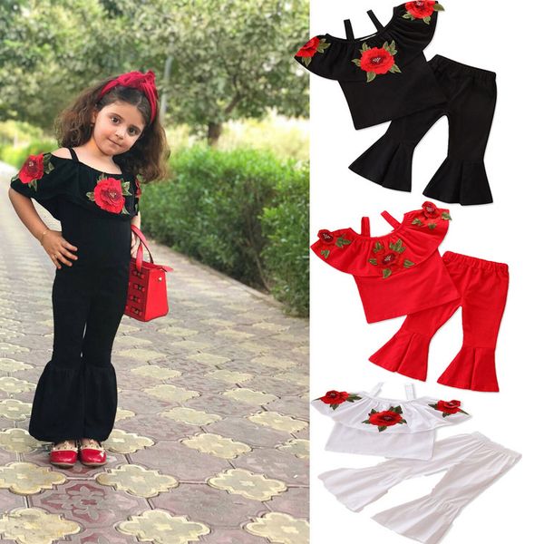 

kids baby girl rose flower clothes set baby girls ruffles printed strap + bell-bottomed pants 2pcs outfits kids summer clothing, White