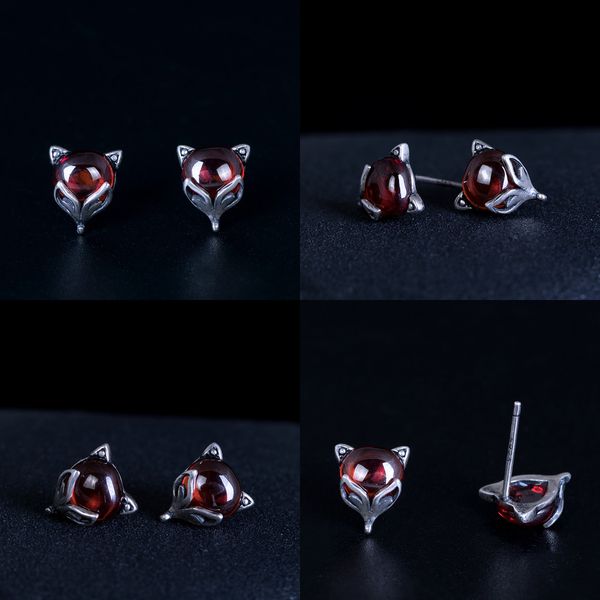 

925 silver temperament small fox ear nail woman personality in national customs alcohol red garnet animal earring earrings pandora, Golden