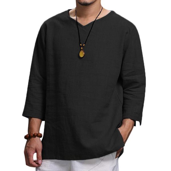 

mens vintage t-shirts solid color v-neck folded sleeve loose casual shirts male tee autumn spring mens clothes, White;black
