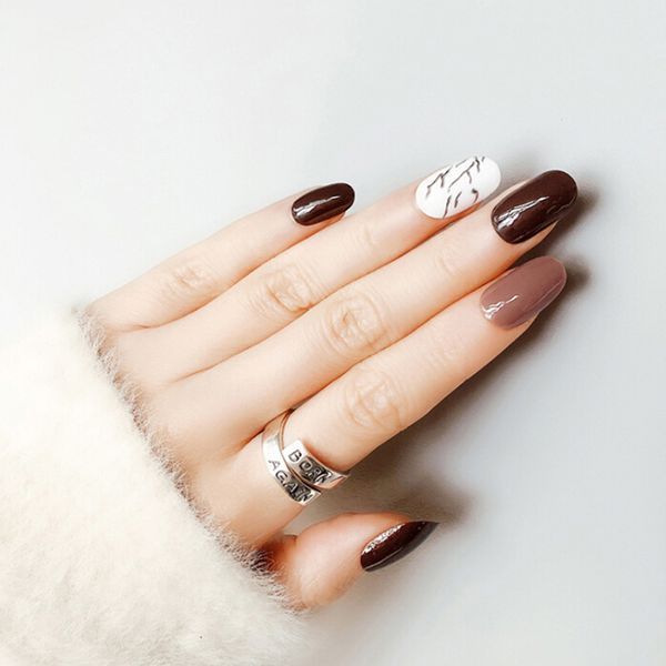 

24pcs acrylic false fake nail tips professional artificial fingernails marbled fake nails finished sequins nail patch for women, Red;gold