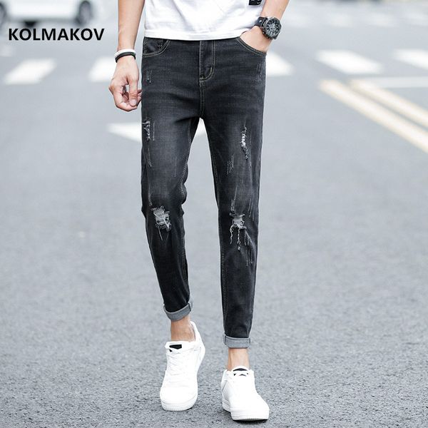 

2020 new arrival spring holes casual elestic ankle-length jeans men,cotton skinny jeans , pencil pants men blue, black, gray