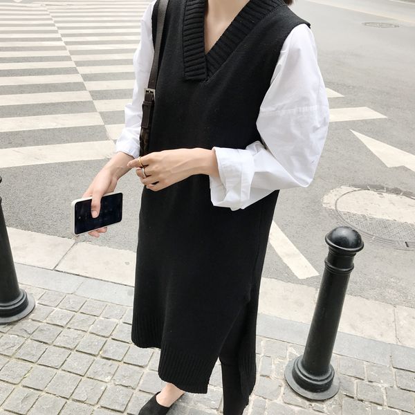 

women sweater 2019 black knitted vest sweater dress v lead sleeveless long dress, Black;white