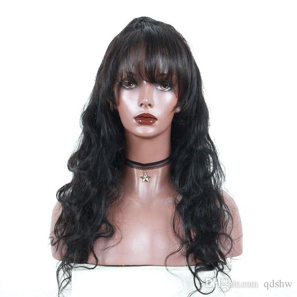 

Full lace wig with bang body wave pre plucked hairline virgin brazilian lace front human hair wig with bang for black women