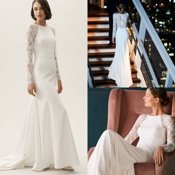 2019 BHLDN Meerjungfrau-Hochzeitskleider mit Juwel-Ausschnitt, langen Ärmeln, Satin, Sweep-Zug, Plus-Size-Hochzeitskleid, maßgeschneiderte Strand-Brautkleider