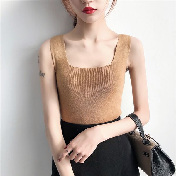 

women's square collar solid sleeveless pullover knitted tank top, White