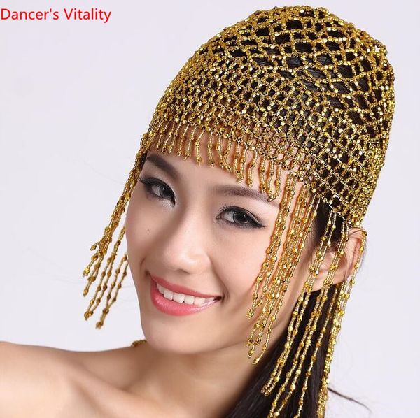 

women tribal exotic hat elastic bead cap tassel belly dance hair accessory costume golden silver ats ing, Black;red