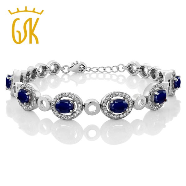 

gemstoneking 8.04 ct oval natural blue sapphire bracelet 925 sterling silver gemstone vintage bracelet for women, Golden;silver