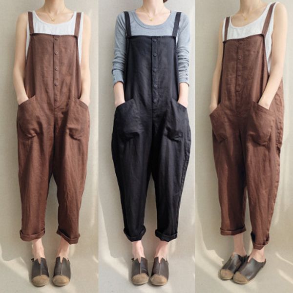 

women's overalls casual pants cotton and linen breathable large size women fashion pants with button and pockets, Black;white