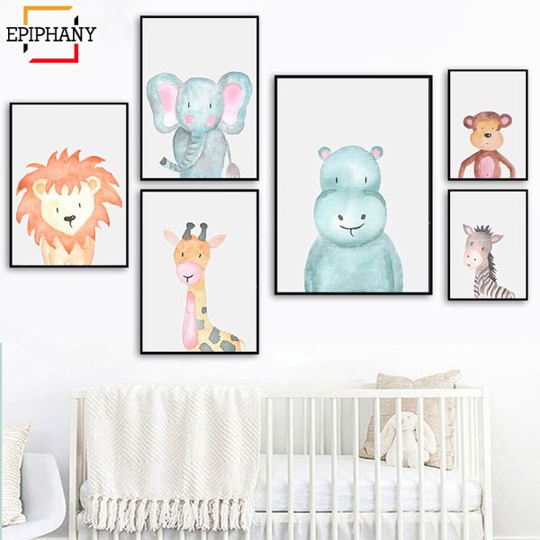 

hippo nursery print elephant giraffe lion watercolor animal canvas painting nordic animals posters wall art kids room decor