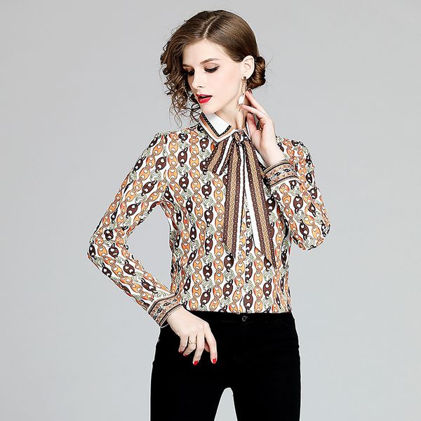 

luxury women's patchwork print shirt with neck bow lantern sleeve runway ladies blouses slim plus size office designer button shirts, White