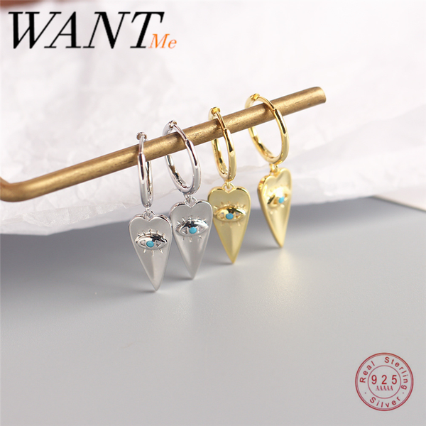 

wantme korean genuine 925 sterling silver peach heart blue zircon demon eye stud earrings for fashion women punk jewelry gift, Golden;silver