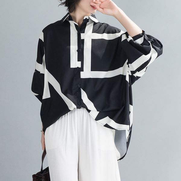

ewq] 2020 spring summer new pattern lapel long sleeve striped patchwork single breasted casual shirt women ak93201, White