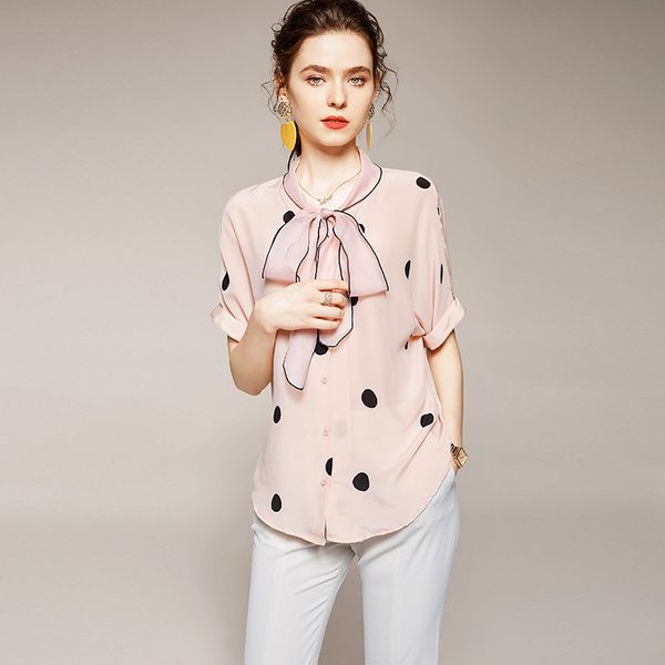 

elegant vintage big polka dot pink silk blouses summer short sleeve loose office ladies black bow women shirts blusas 2020, White