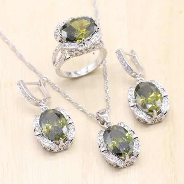 

new exquisite 925 sterling silver jewelry sets women blue red olive green crystal earrings pendant necklace ring sets for gift